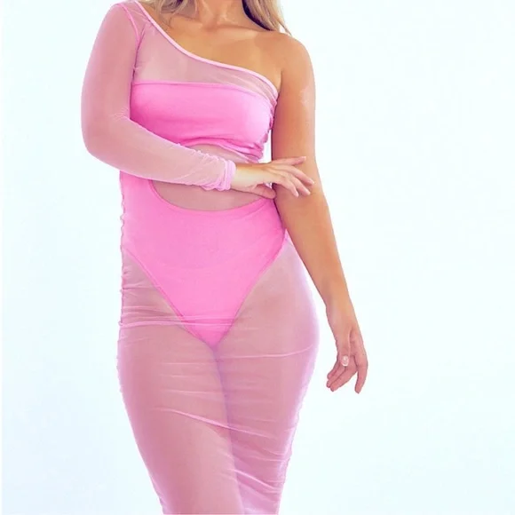 NWT Pink Sheer One-Shoulder Dress - Picture 2 of 5